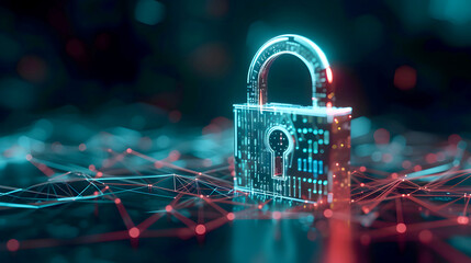 Binary Pad Lock Cyber Security Technology Background With Line and Dots Glowing Lights, Guardians of the Digital Realm: Encrypted Connections in a Binary Fortress for Cyber Lockdown, blue