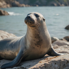 a seal sitting on a rock by the water