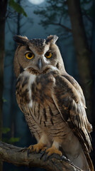 a owl that is sitting on a branch in the woods