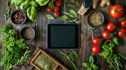 Fresh herbs tomatoes and spices on wooden background with a digital tablet