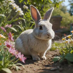 Obraz premium a white rabbit sitting in the middle of a garden