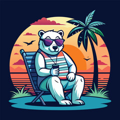 a fun and casual t-shirt design featuring a cool polar bear wearing sunglasses and sitting on a chair with summer vibes scene.
