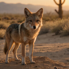 Fototapeta premium a wolf standing in the desert with a cactus in the background