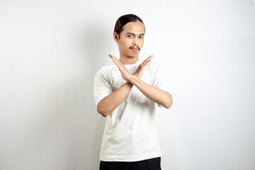 Young man wearing a white t-shirt. make movements not with your hands. crossed arms. There isn't any. sign isolated on white background