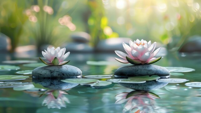 Natural spa setting with water lilies and smooth stones
