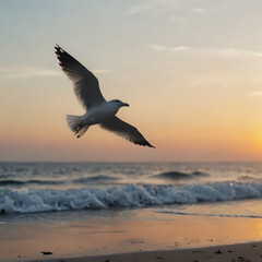 Naklejka premium a flying over the beach at sunset with waves coming in