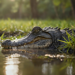 Fototapeta premium crocodile in the water with sun shining through the trees