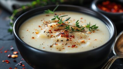 Black bowl of vegetable cream soup