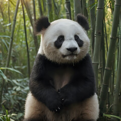 Fototapeta premium panda bear sitting on a rock in a bamboo forest