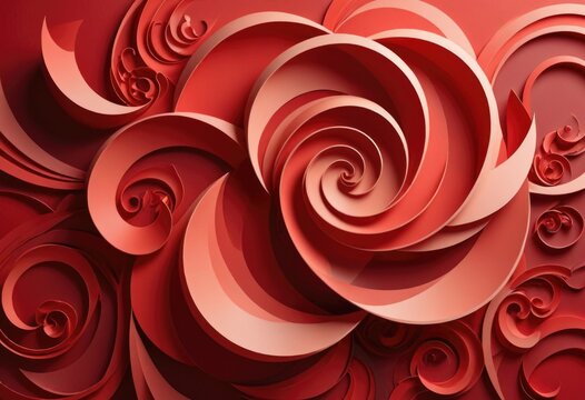 an abstract design with swirling red patterns and geometric shapes on a minimalist background