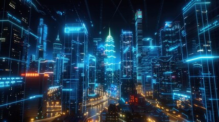 A high-tech urban skyline overlaid with blue holographic lights and data streams.
