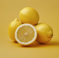 Freshly Cut Yellow Lemons With Green Leaves on a Yellow Background