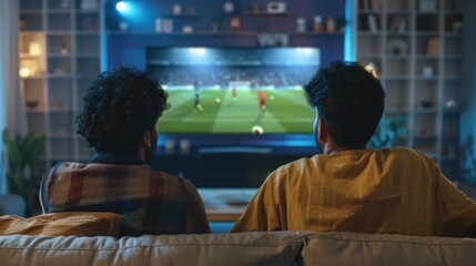 Fototapeta premium Two friends watch a soccer game on television