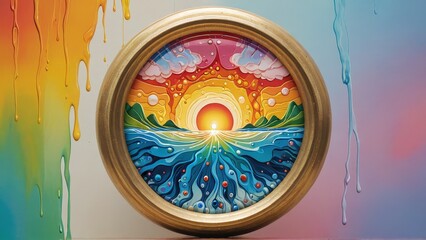 Naklejka premium Abstract Sunset and Ocean in a Gold Frame.