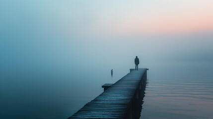 A silhouette of a person walking along a foggy pier at dawn.