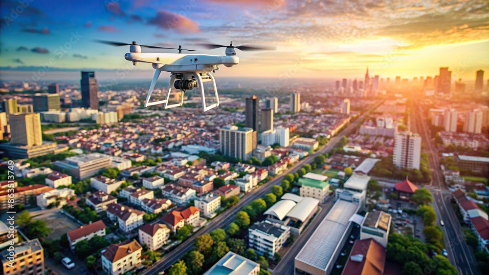 Wall mural Aerial view of a city from a surveillance drone , surveillance, monitoring, security, technology, drone, skyline - Wall murals