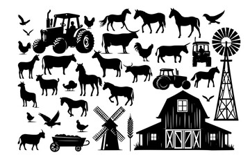 Set of farm life silhouette vector depicting agriculture and rural scenes. Includes barn, tractor, crops, livestock, and family. Black and white icons of countryside nature, architecture, and agrarian