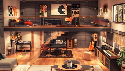 Modern two-level home with a music studio theme, featuring soundproof walls, a relaxed living area with musical instruments, and a dining space with a vinyl record table.