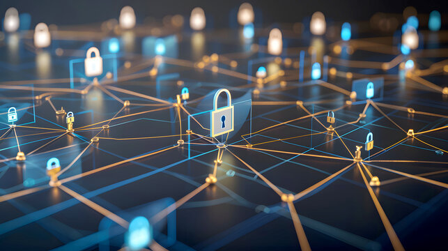 Binary Pad Lock Cyber Security Technology Background With Line and Dots Glowing Lights, Guardians of the Digital Realm: Encrypted Connections in a Binary Fortress for Cyber Lockdown - Powered by Adobe