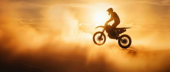 Obraz premium Silhouette of a Motocross Rider Jumping Against a Stunning Sunset Background in a Cloud of Dust