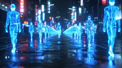 Fototapeta premium Holographic blue figures in a digital city, showcasing a futuristic vision of urban life against a dark background. 