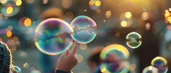 Child's Hand Reaching for Colorful Soap Bubbles in Sunlit Outdoor Setting with Bokeh Background