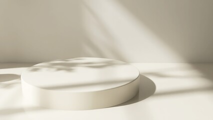 Modern and minimal beige geometric round cylinder podium in sunlight, shadow for luxury beauty, skincare, cosmetic, body care product display background 3D