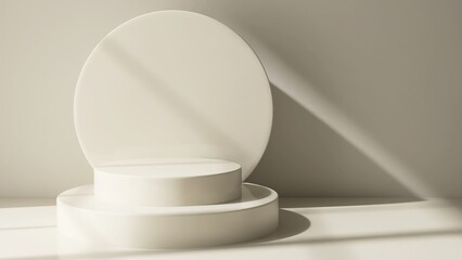 Modern and minimal beige geometric round cylinder podium in sunlight, shadow on abstract wall for...