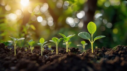 Healthy seedlings rise from the dark soil in a sunlit field, showcasing the beginnings of a prosperous crop.
