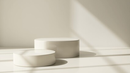 Two modern and minimal beige geometric round cylinder podium in sunlight, shadow for luxury beauty, skincare, cosmetic, body care product display background 3D