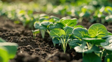 Rows of vibrant green plants growing in fertile soil under the warm sunlight, capturing the essence of agriculture.
