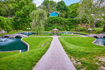 Serene Sunken Gardens with Gazebo and Fountains Eye-Level Perspective