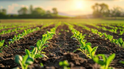 Fototapeta premium Young green plants sprout from rich soil, lined up neatly in a sunlit field, representing growth and agriculture. 