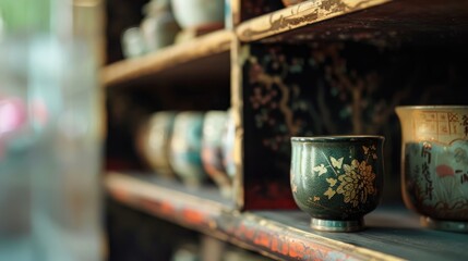 Fototapeta premium Japanese lacquer shelf displaying antique Tobe ware mug with soft focused background