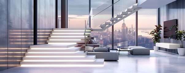 Modern white steel U-shaped floating staircase with cool LED strip lighting, frosted glass balustrade in a sleek urban apartment with panoramic city views and minimalist furnishings.