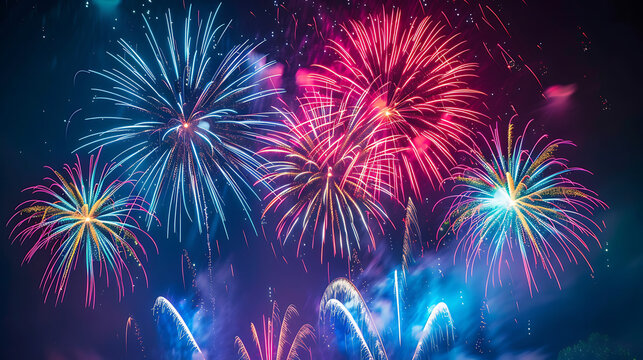 Beautiful fireworks in the dark night sky. Generative AI illustration 