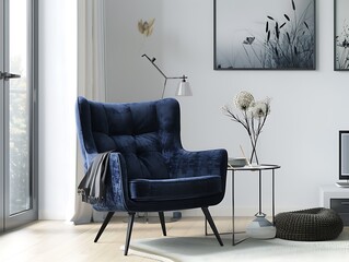 Navy blue armchair in a modern living room, minimalist decor, elegant design, contemporary home, stylish seating, modern interior, cozy atmosphere, sophisticated look.