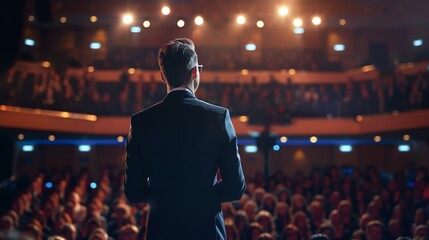 Confident speaker in suit delivering presentation to audience