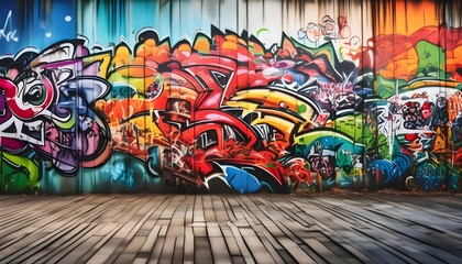 An urban background with a gritty, textured wall covered in graffiti art