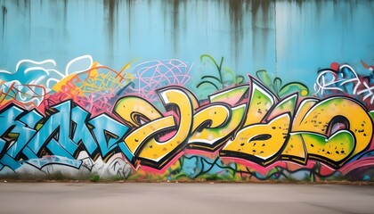 An urban background with a gritty, textured wall covered in graffiti art