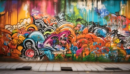 An urban background with a gritty, textured wall covered in graffiti art