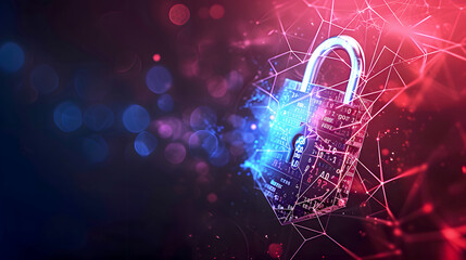 Binary Pad Lock Cyber Security Technology Background With Line and Dots Glowing Lights, Guardians of the Digital Realm: Encrypted Connections in a Binary Fortress for Cyber Lockdown, Red
