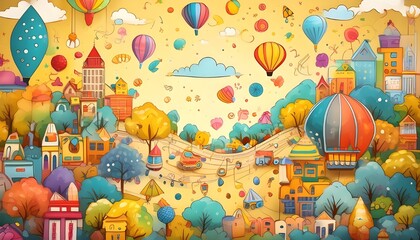 A whimsical background with playful, colorful doodles and icons scattered across a light yellow backdrop