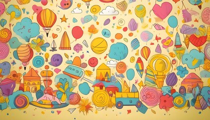 A whimsical background with playful, colorful doodles and icons scattered across a light yellow backdrop