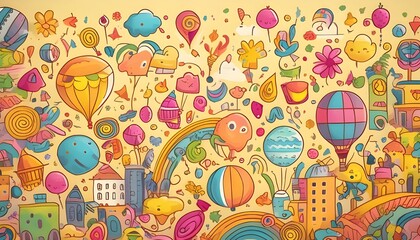 A whimsical background with playful, colorful doodles and icons scattered across a light yellow backdrop