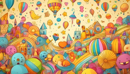 A whimsical background with playful, colorful doodles and icons scattered across a light yellow backdrop