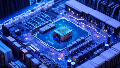 A powerful computer processor or chip on a motherboard. Modern technologies. Blue background. created with generative ai