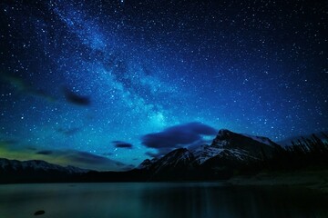 Night landscapes with beautiful starry sky and the Milky Way against the backdrop of a mountain lake in the Canadian Rockies