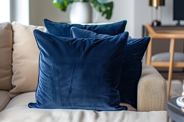 Navy blue velvet pillows on a beige couch, minimalist decor, soft textures, contemporary home, stylish accents, modern interior, cozy ambiance, elegant look.