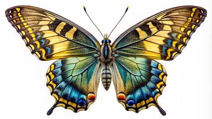 Obraz premium Vibrant old world swallowtail butterfly with iridescent blue sheen and delicate yellow markings perches on transparent background, showcasing intricate details of its wings and body.